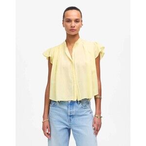 Madewell XL Shirred Lace Trim Top Iced Lemon Button Front Ruffle Cap Sleeve NWT